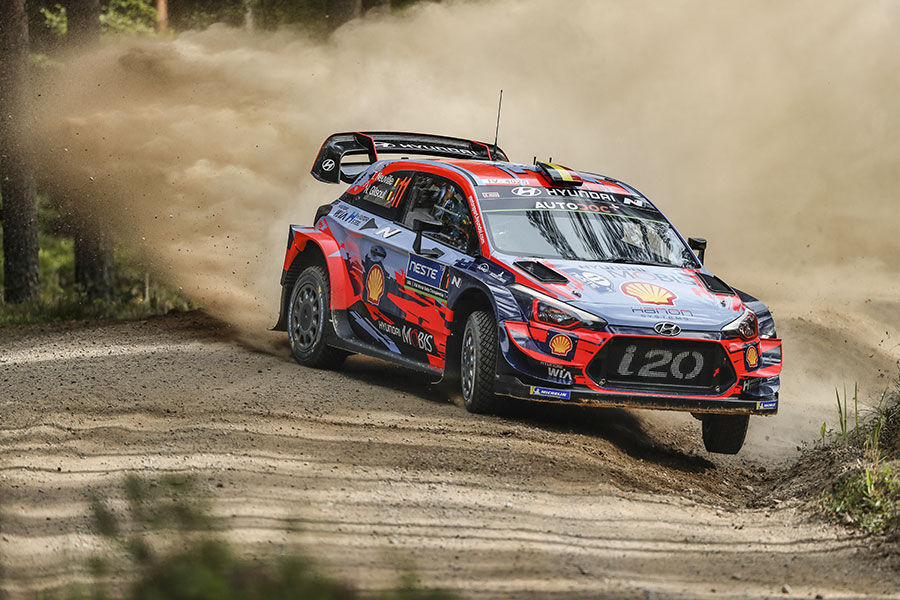 Hyundai i20 Coupe WRC racing on technical gravel roads at Rally Estonia 2020