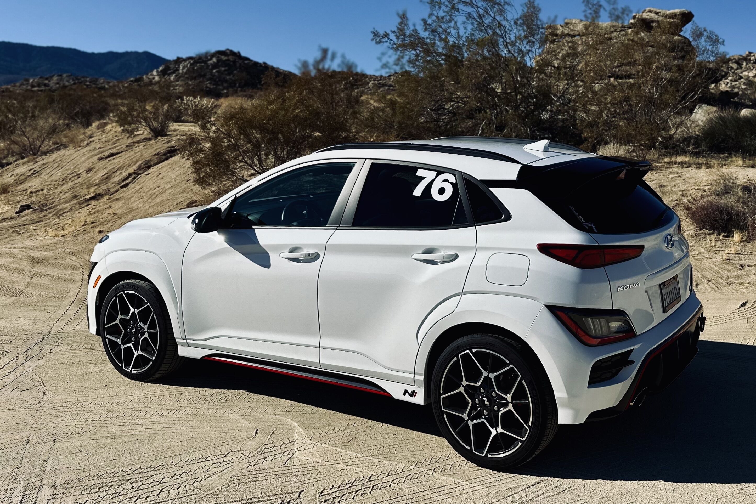 Kona N parked in the desert mountains. 