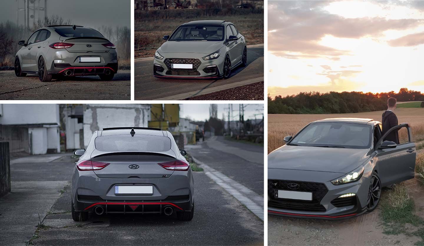 A framed composition of photos taken in Germany featuring the i30 Fastback N. The photos include the rear three-quarter, front three-quarter, and rear view of the i30 Fastback N, along with an image of a man opening the driver’s door while looking at the sunset.