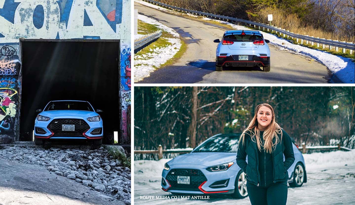 A collection of photos taken in Canada featuring the Veloster N. The images show the front and rear views of the Veloster N, as well as a woman posing in front of a parked Veloster N viewed from the left side.