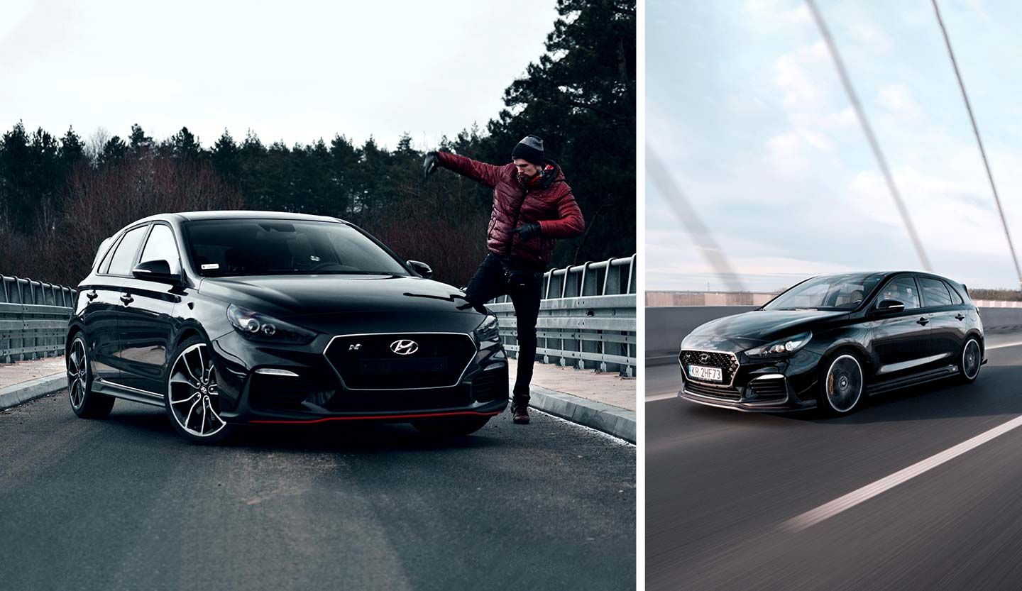 A set of photos taken in Poland featuring the i30 N. The images include a man posing next to a diagonally parked i30 N, with another shot showing the i30 N in motion.