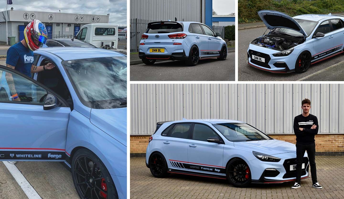 A series of photos taken in the UK featuring the i30 N. The composition includes an i30 N with the passenger door open, a parked i30 N, an i30 N with the hood open, and a man posing in front of an i30 N parked from a right-side angle.