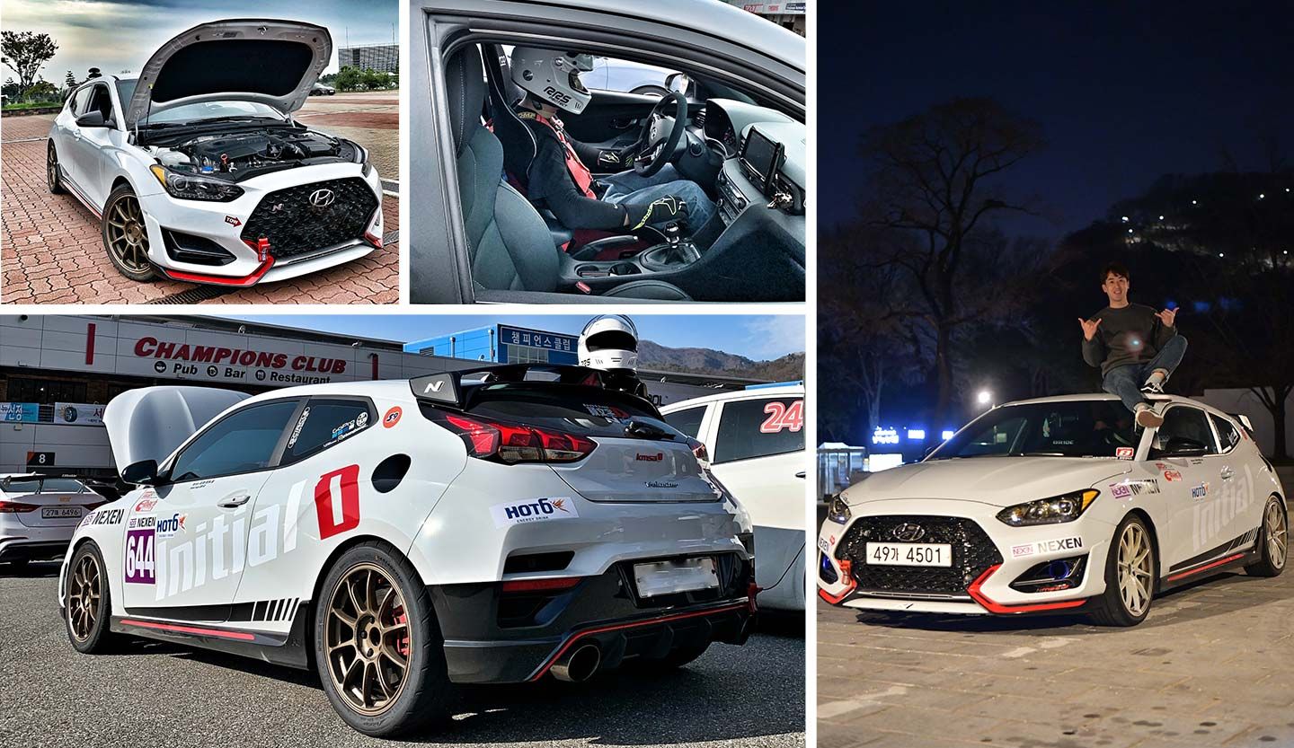 A collection of photos taken in Korea featuring the Veloster N. The images include a Veloster N with the hood open, a driver waiting to start driving, a rear view of a Veloster N with the hood open, and a man posing while standing on top of a parked Veloster N.