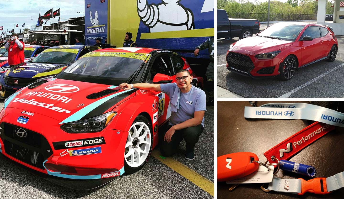 A series of photos taken in the US featuring a man posing with the Veloster N, the Veloster N parked in an outdoor parking lot, and multiple N keyrings.