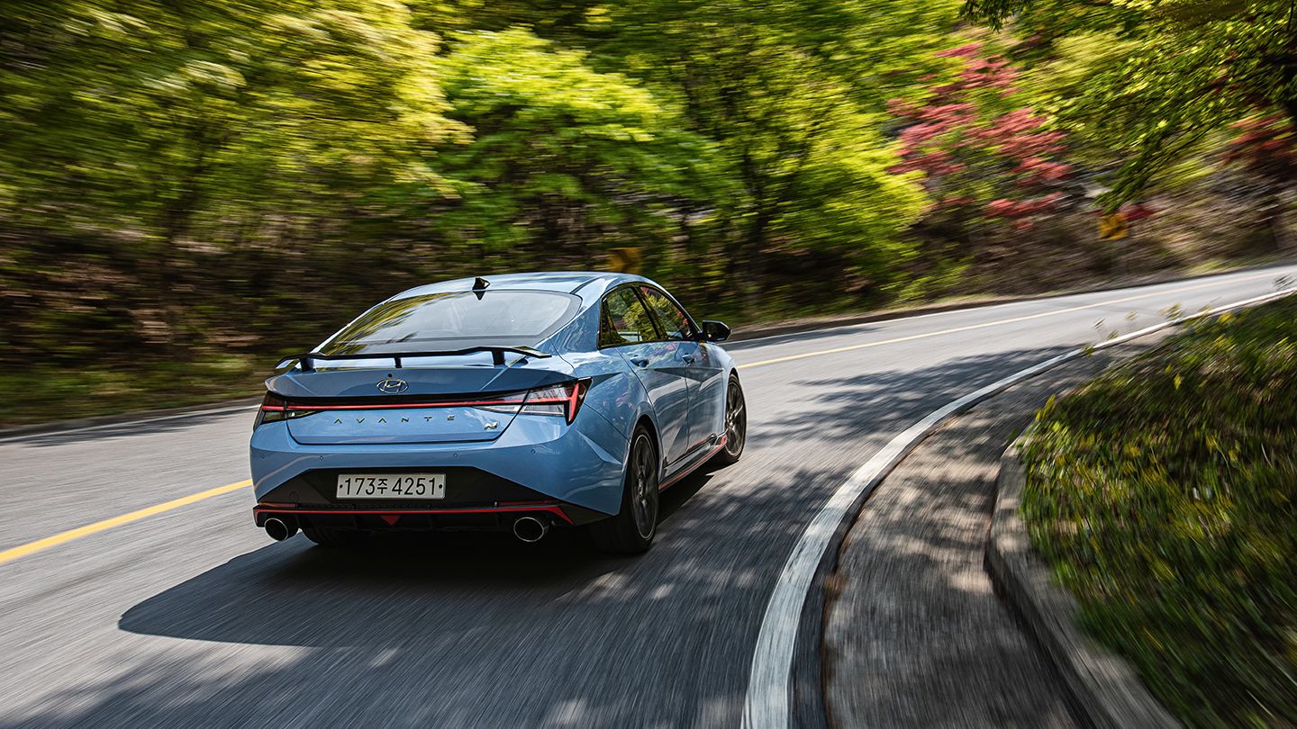 Rear view of Elantra N driving through a dense forest road