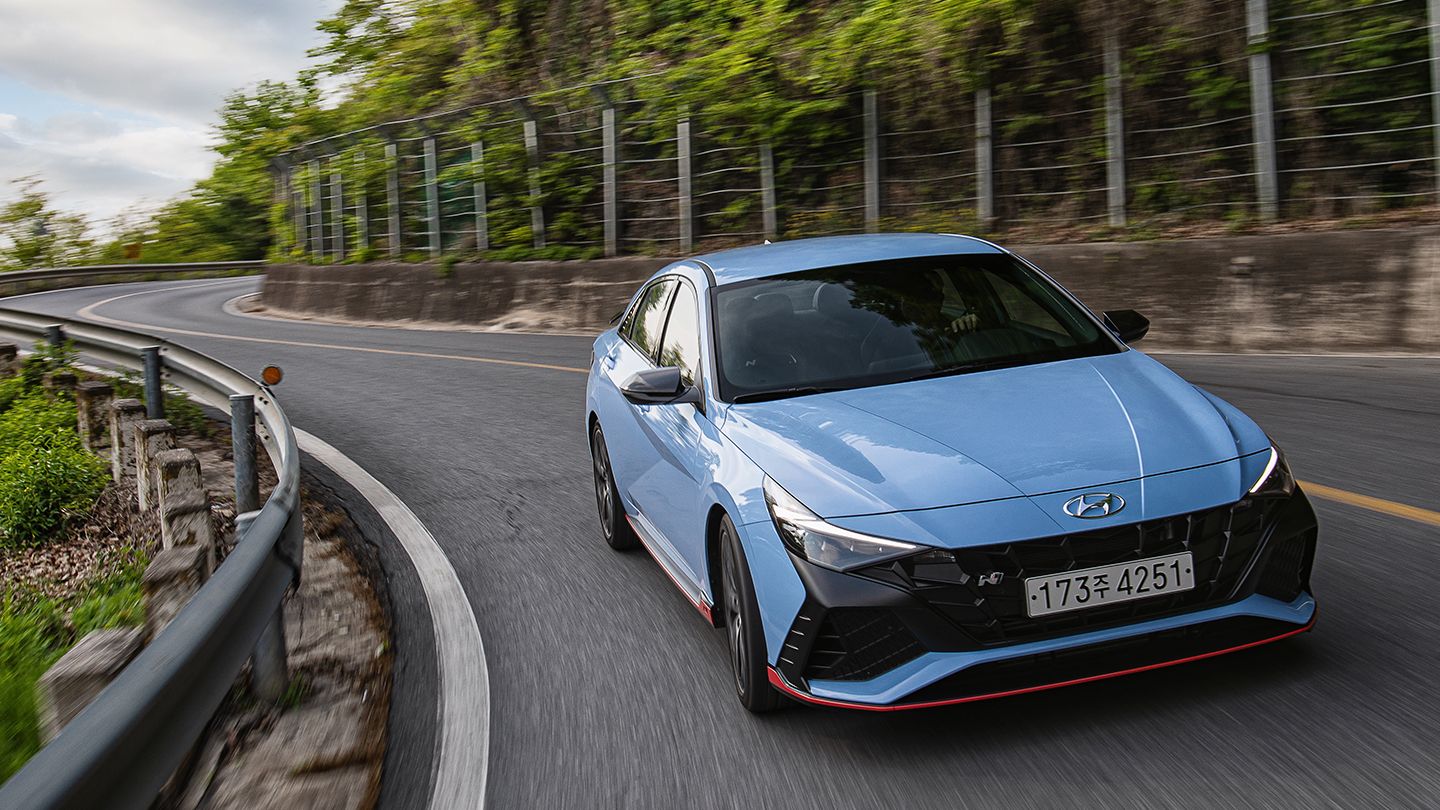 Elantra N driving on a curved road