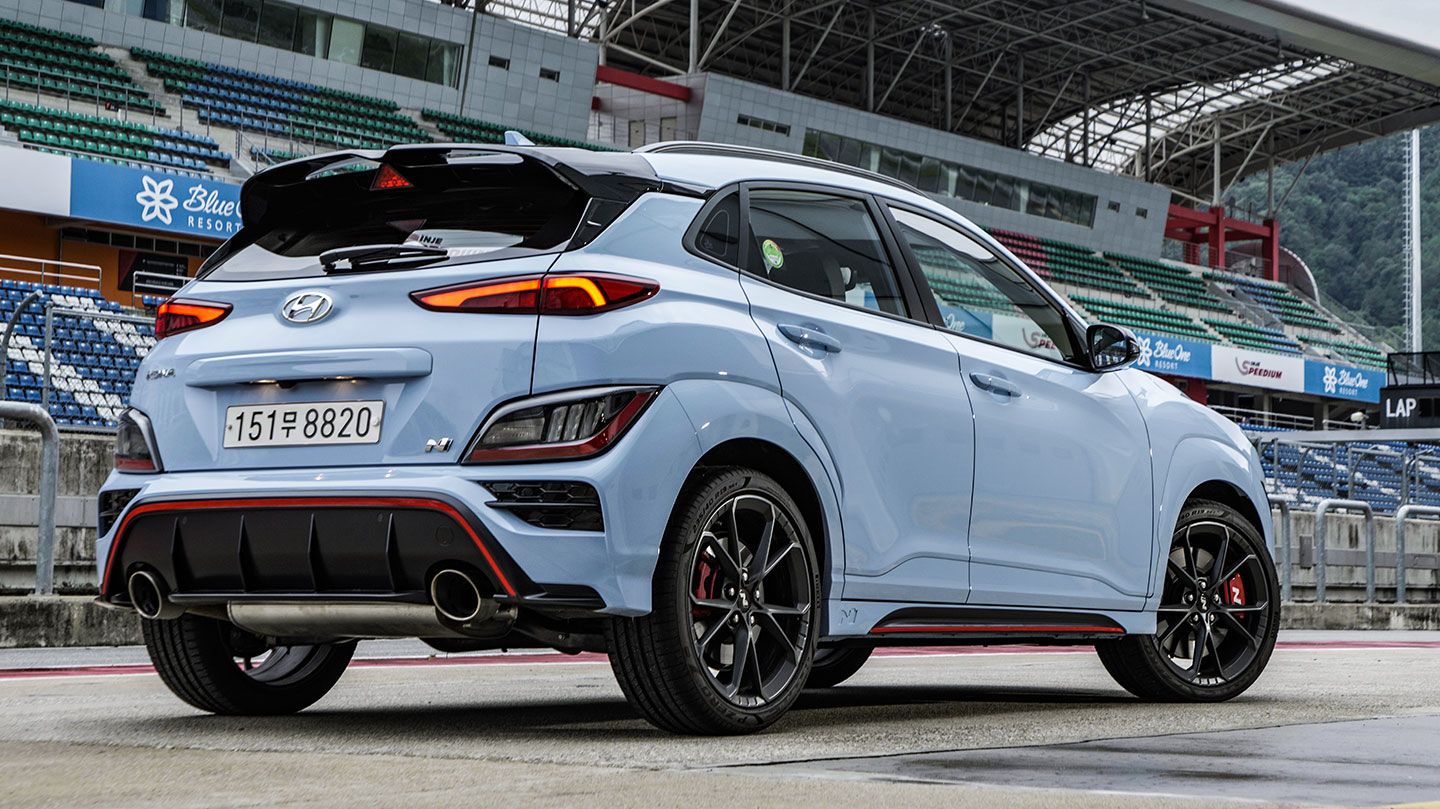 Rear of the Kona N parked at the racetrack.